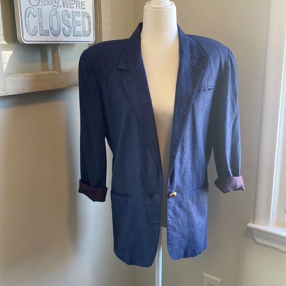𝅺express Vintage 1990s Oversized Linen One Button Blazer with Shoulder Pads - Picture 1 of 7
